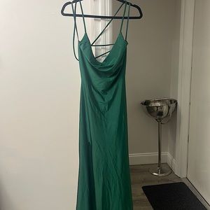 Emerald green bridesmaids dress with beautiful back out and flawless split